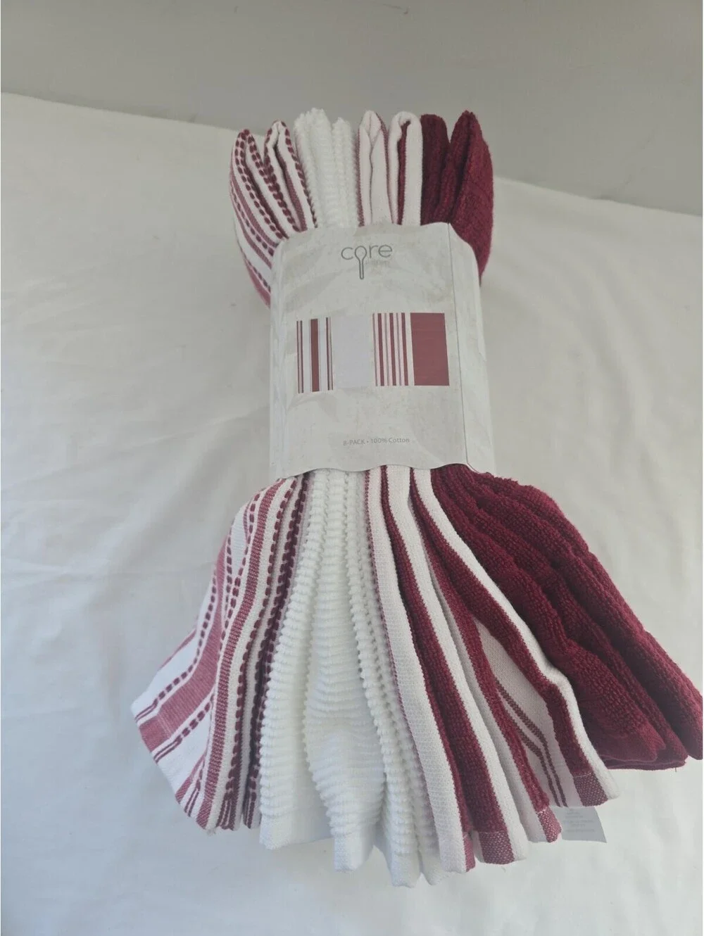 Core Home 8-Pack Red/ Striped White 100% Cotton Kitchen Towels